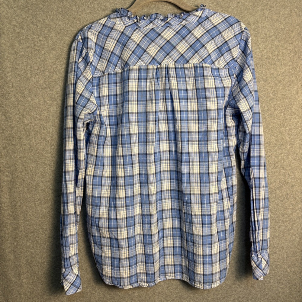 Talbots Plaid Popover Blouse Women's Small Blue 100% Cotton Ruffle Collar Top - Picture 4 of 9